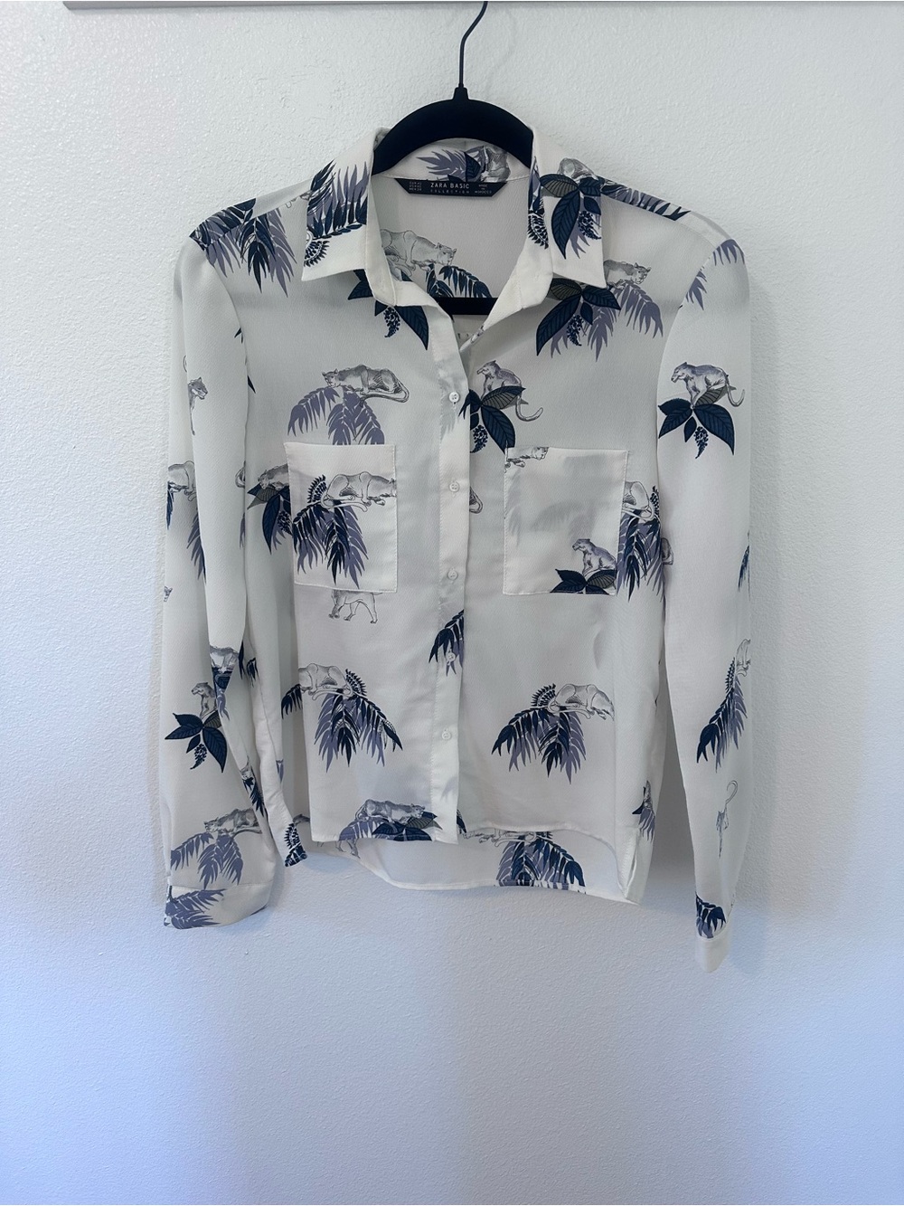 Zara White Sheer Button-Up Blouse with Navy Print